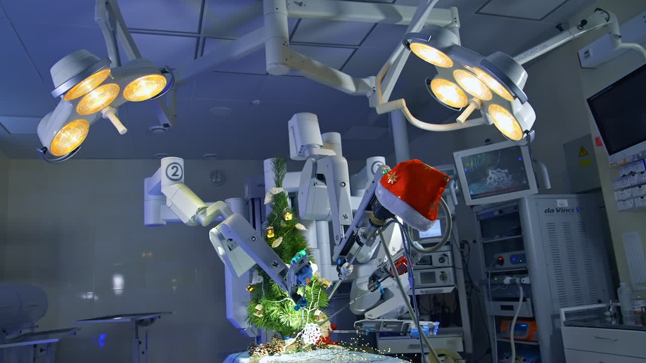 Hi-tech machine for surgical operations makes precise moves to decorate Christmas tree. Futuristic equipment perform delicate work. Robotic machine in the operation room.