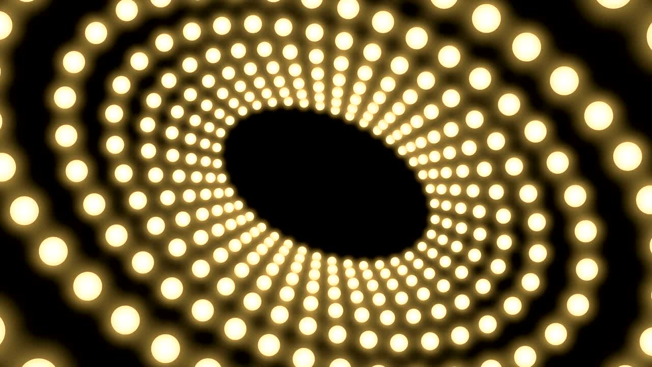 터널 불빛 전구 상자 프레임 타원 모양 회전 움직이는 패턴, 레트로 3d 가상 스타일 일러스트레이션 어두운 배경에서 빛나는 원활한 루핑 애니메이션 4k, 복사 공간