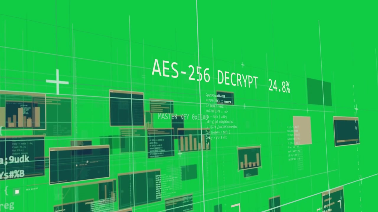 Decrypting AES-256, camera flying 3D teal grid panels rotating, progress updating on transparent BG