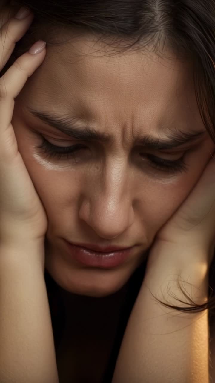 Vertical video: Holding head, woman pressing temples and lowering gaze in dim room, showing tension