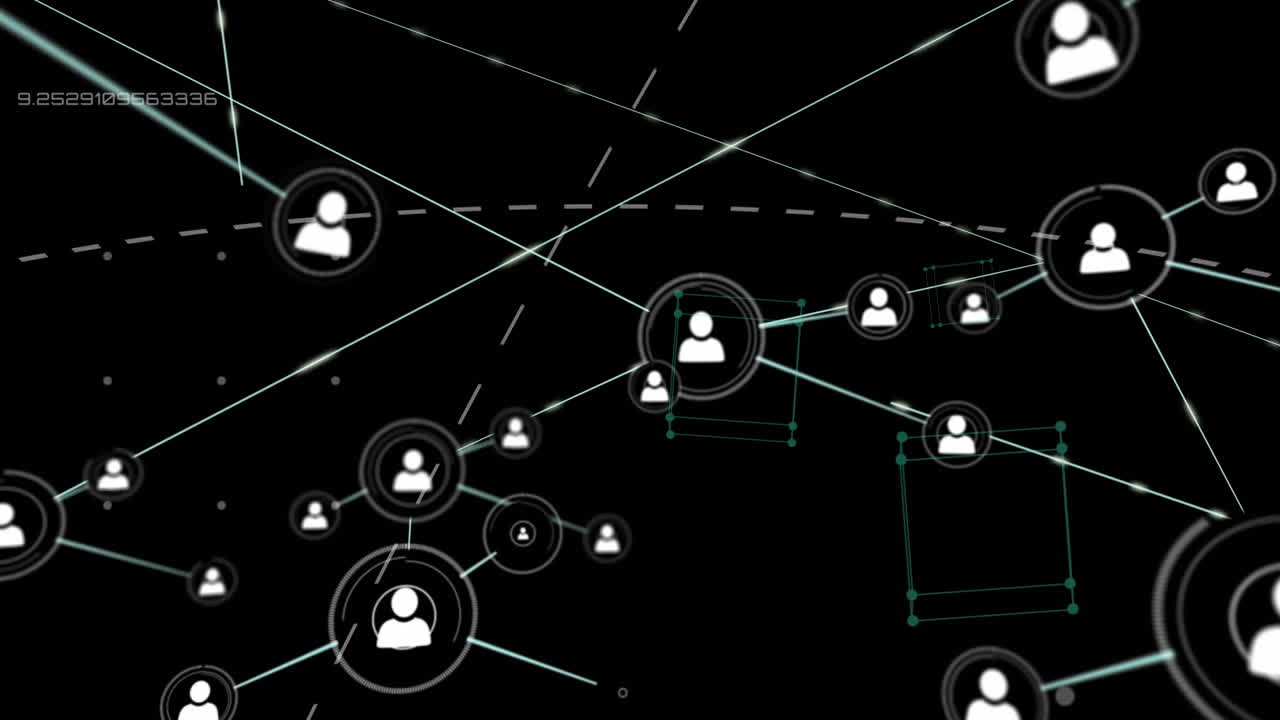 animación del procesamiento de datos y la red de conexiones con los iconos de las personas