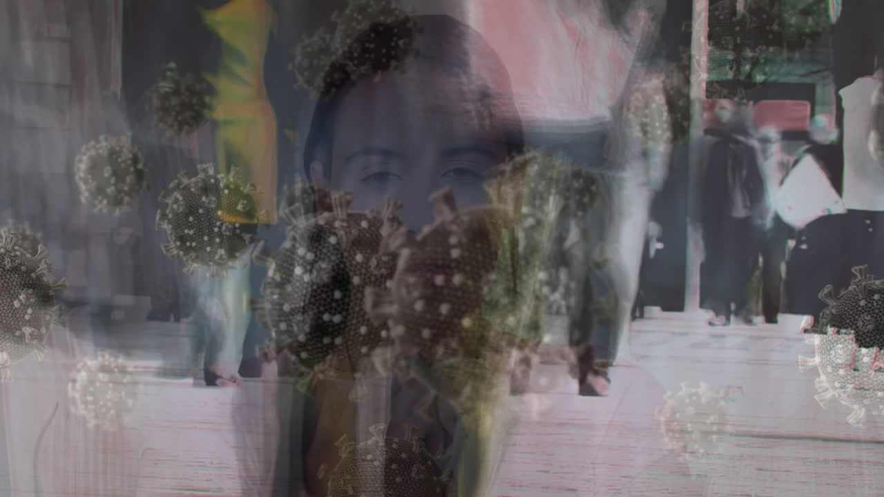 Animation of virus cells over asian woman sneezing and diverse people on street