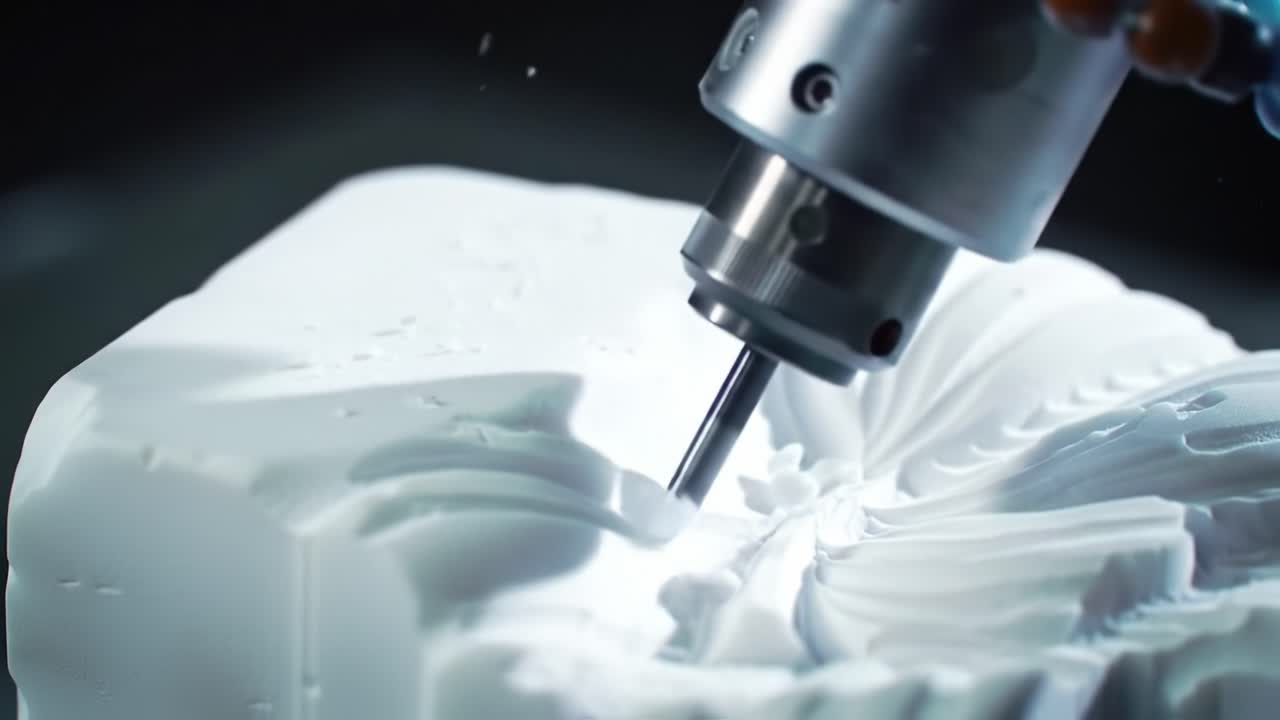 Precisione in azione: Un primo piano di una macchina CNC impegnata nella scultura intricata di materiale espanso per applicazioni artistiche e industriali