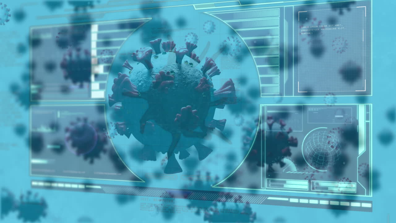 코로나19 세포의 애니메이션과 스크린에 있는 데이터