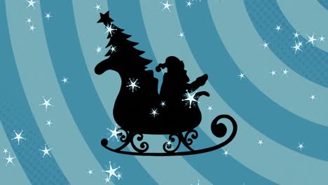 Digitale-Animation-Mehrerer-Sterne-über-Der-Schwarzen-Silhouette-Von-Weihnachtsmann-Und-Weihnachtsbaum