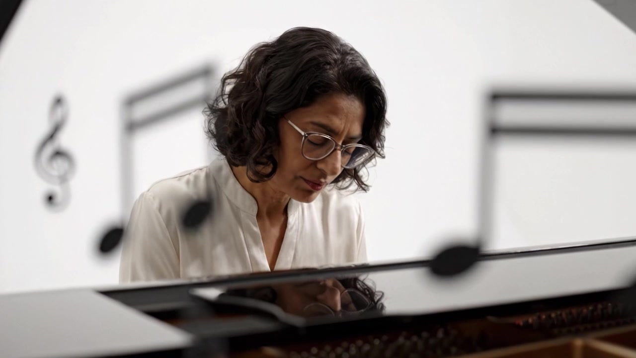 Un pianista introspettivo impegnato nella creazione musicale con un pianoforte a coda circondato da note musicali fluttuanti, catturando l'essenza dell'arte e dell'emozione