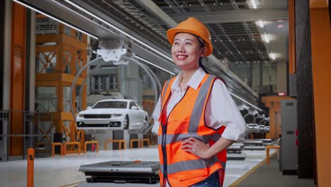 vista lateral de una ingeniera asiática con casco de seguridad mirando a su alrededor mientras está de pie con los brazos akimbo en la fábrica de automóviles ev