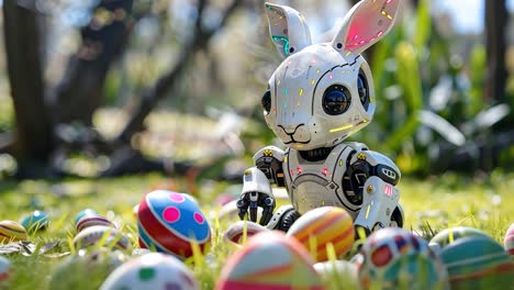 a robotic easter bunny surrounded by colorful eggs in a grassy field