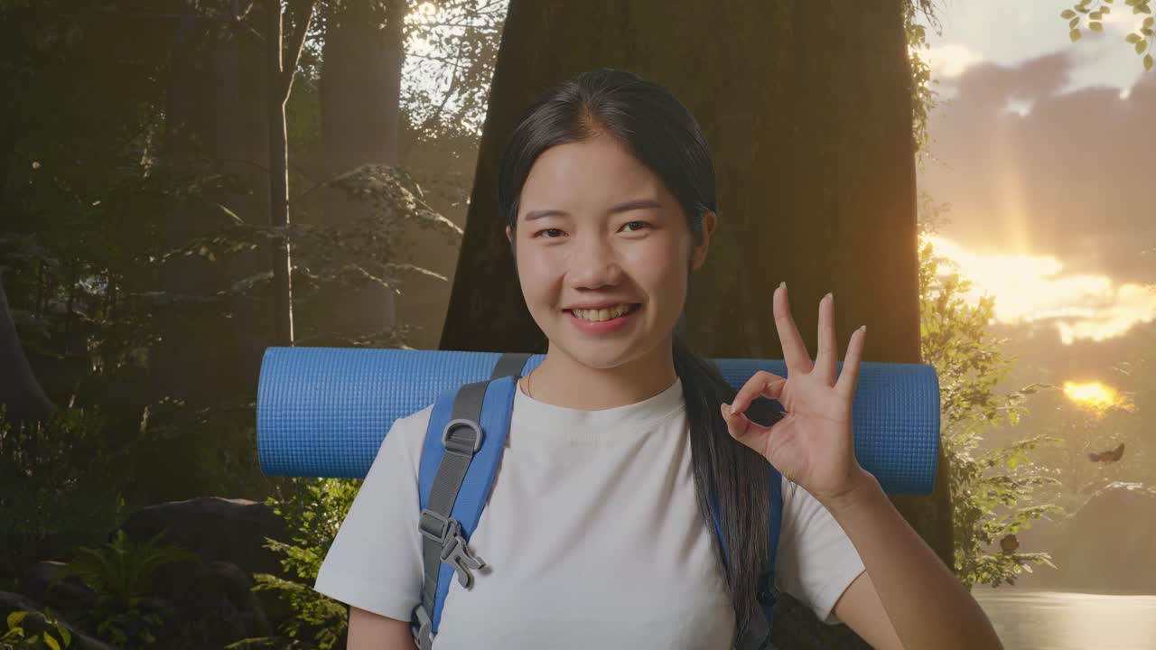 산악 배을 들고 있는 아시아 여성 하이커의 근접 사진. 숲의 자연을 탐험하는 동안 미소 짓고 은 몸짓을 카메라에 보여주고 있습니다.