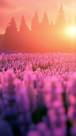 lavender field at sunset with trees. a vibrant lavender field stretches under a glowing sunset, surrounded by tall trees enjoying the serene landscape.