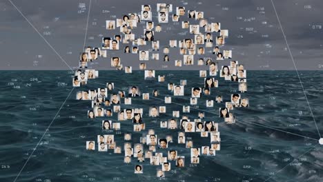 Animation-of-network-of-connections-with-people-photos-over-sea