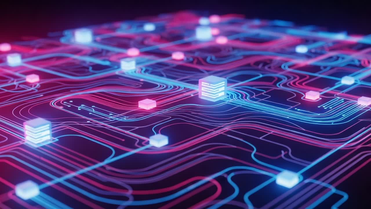 A Stunning Visual of a Futuristic Technology Grid Featuring Vibrant Lines, Geometric Shapes, and Dynamic Light Effects Representing Data Flow and Connectivity