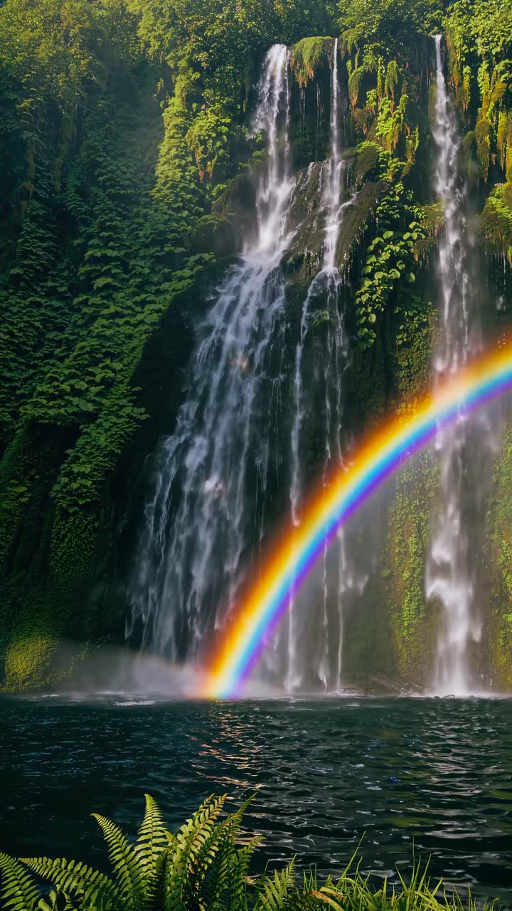 A mesmerizing video of a waterfall cascading into a serene pool, captured from a low angle