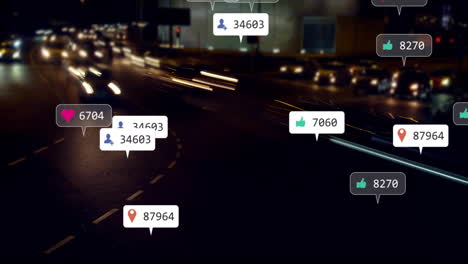iconas de interacción en las redes sociales animación sobre escena de tráfico nocturno