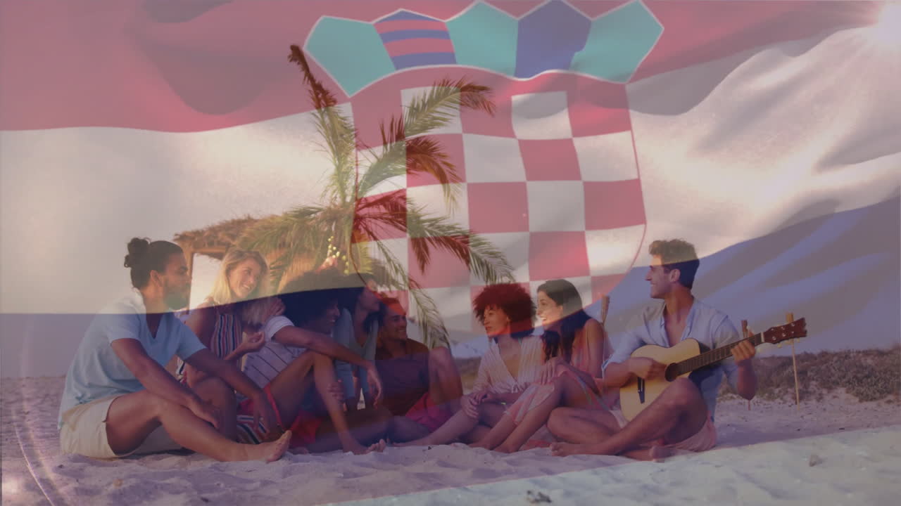 Sitting on beach, group of friends with Croatian flag animation overlay