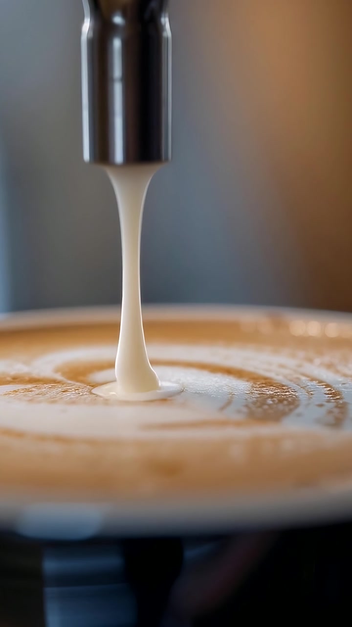 Video vertical: Liberando vapor, la boquilla de espresso forma una gota de leche sobre una taza, creando un remolino de latte.