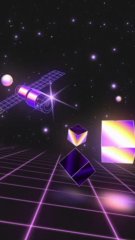 retro-futuristic space scene with neon grid and satellite