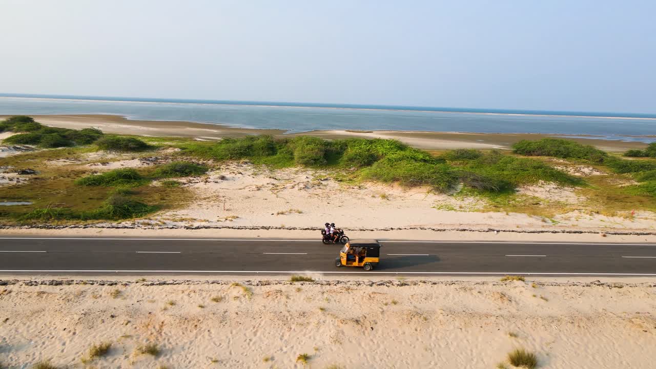 Aerial drone shot of Dhanushkodi’s tranquil beaches and the merging point of the Bay of Bengal and the Indian Ocean.
