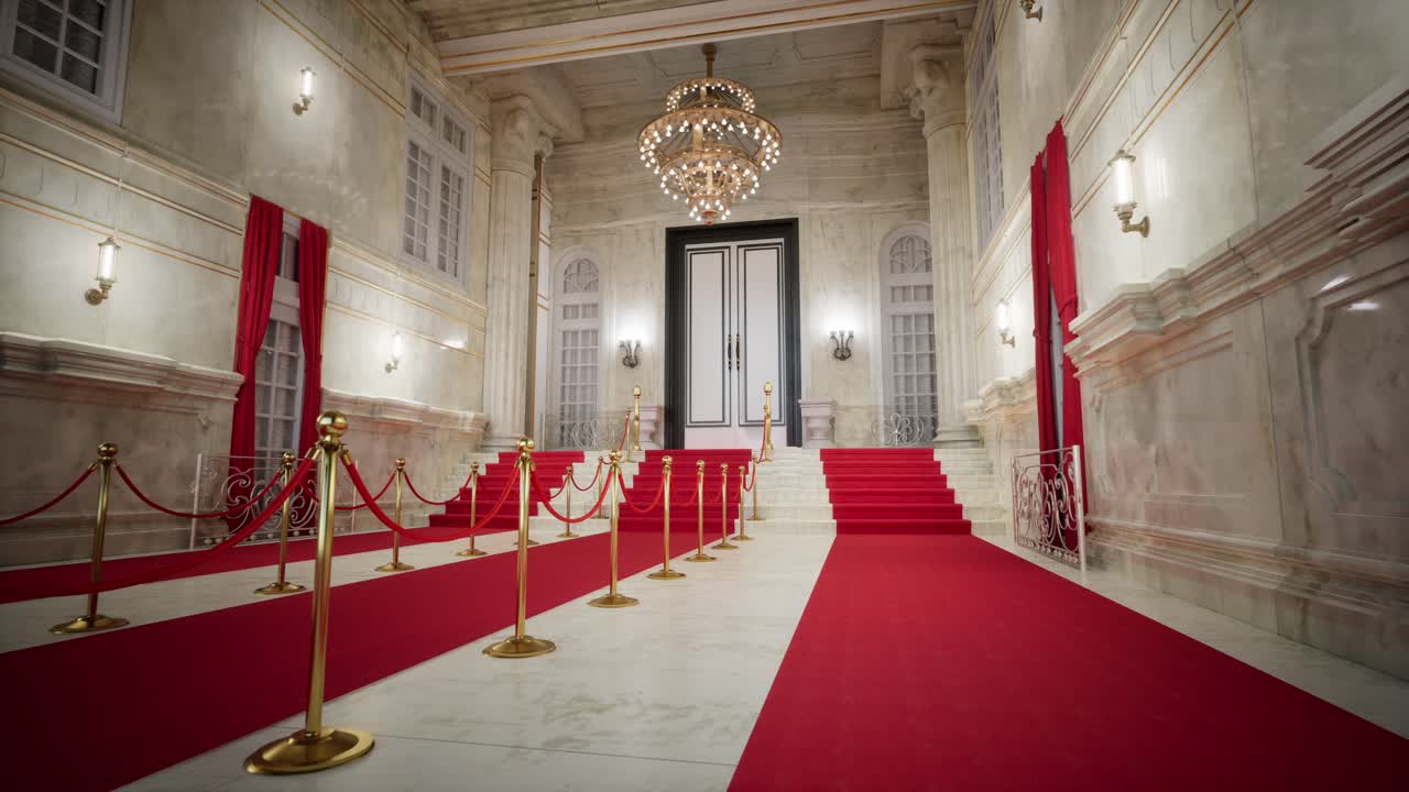 Velkolepý vstup po červeném koberci v luxusní hale