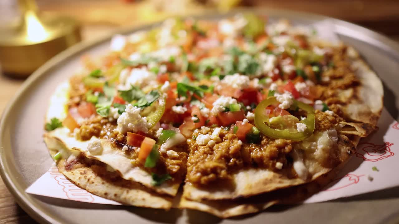 A close-up view of a Mexican tostada pizza on a plate in warm, ambient restaurant lighting. Camera slowly moves as a hand approaches the dish