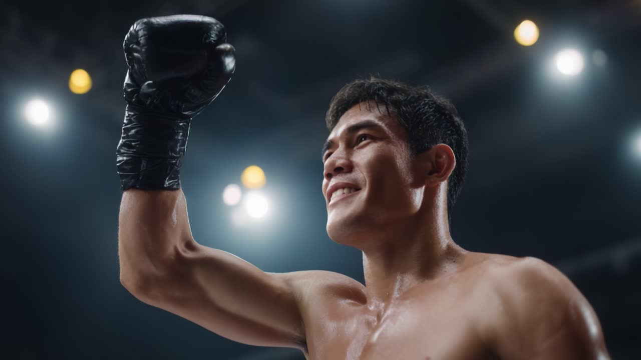 An Intense Moment of Triumph: A Boxer Celebrates Victory with a Powerful Fist Pump, Radiating Joy and Determination in the Spotlight of the Ring