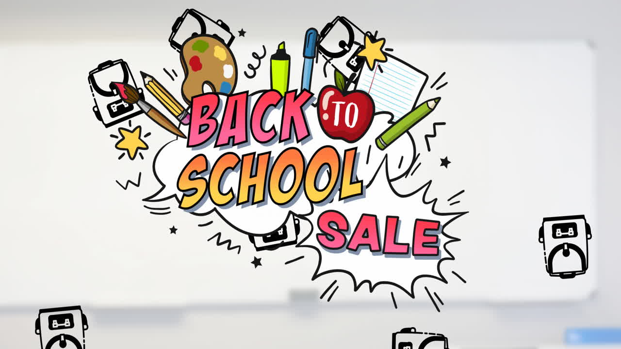 교실 위에 학교 텍스트와 학교 아이템 아이콘의 애니메이션