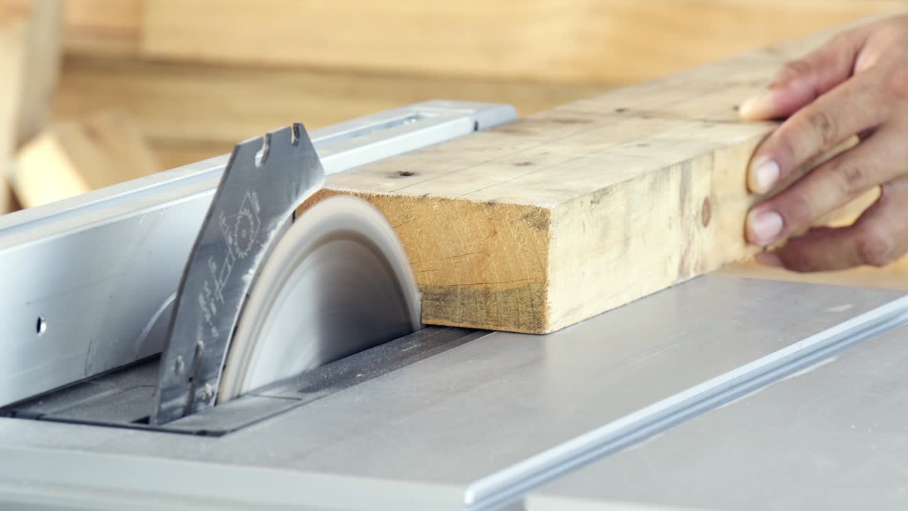 hombre de primer plano carpintero de mano aserradura de madera con sierra eléctrica máquina de mesa para hacer equipos de muebles, industria manufacturera y reparación de carpintería, artesano profesional de madera uso de sierra cortar madera