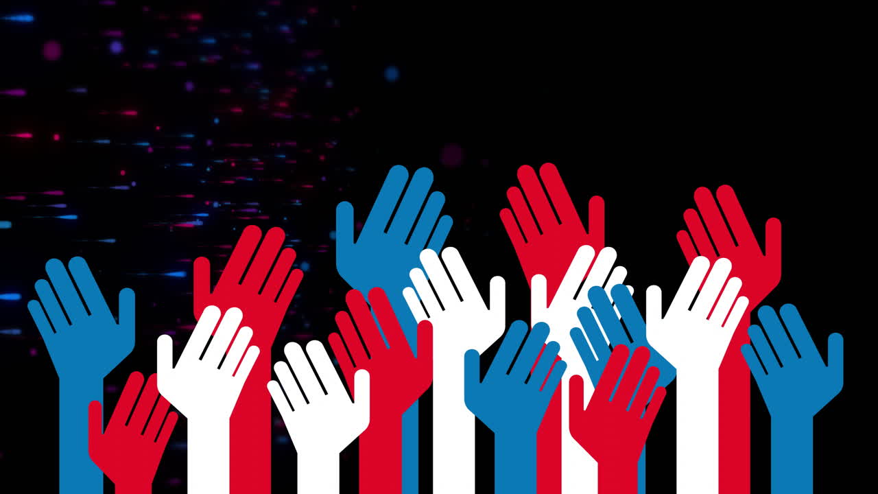 Hands raised in red, white, and blue animation against dark background