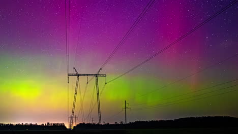 colorful aurora borealis dancing over power lines at twilight, starry sky backdrop, timelapse