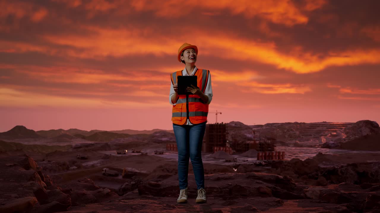 안전 헬을 입은 아시아 여성 엔지니어가 손에 든 태블릿을 보고 건설 현장에서 서 있는 동안 주변을 둘러보고 있습니다.