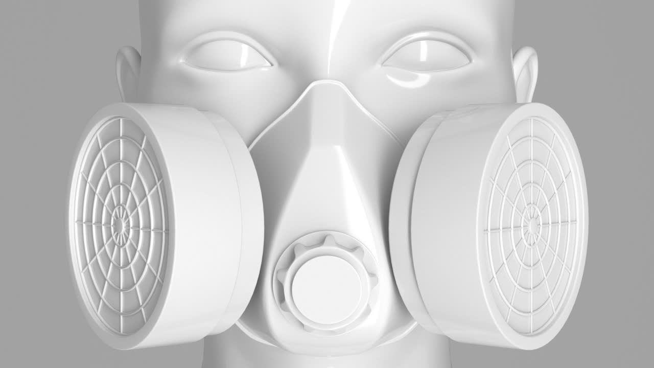 bucle sin costuras de una cara de maniquí blanca brillante en una máscara-respirador en la luz deslizante de un reflector sobre un fondo blanco. renderizado en 3d,