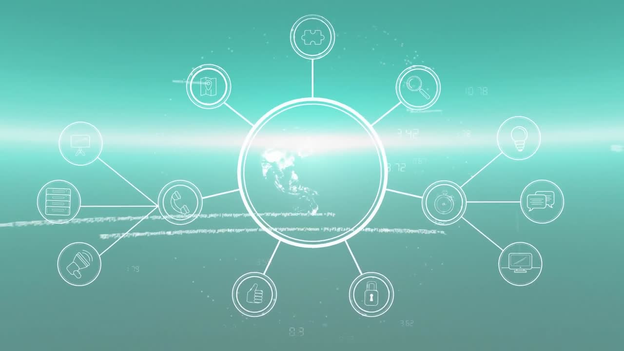 빛나는 초록색 배경에 연결 네트워크 데이터 처리와 함께 회전하는 지구의 애니메이션