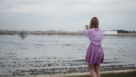 woman taking photo of birds over water