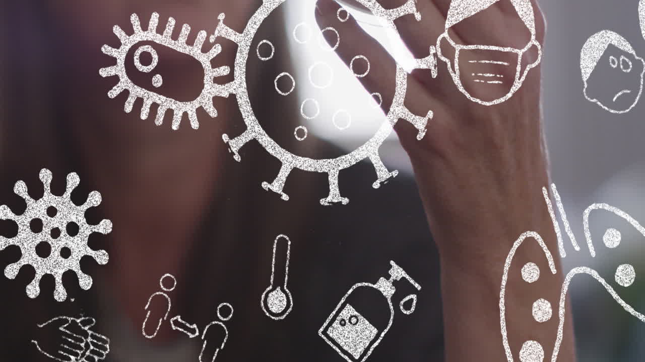 코로나19 콘셉트 아이콘과 백인 고령 여성이 약통을 들고 있다.