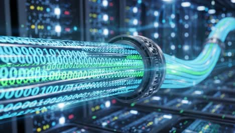 a close-up view of data flow through fiber optic cables in a high-tech server room with glowing binary code representing information transmission