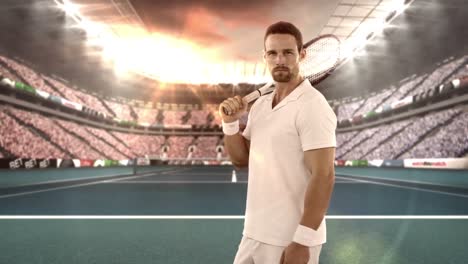 portrait of tennis player standing with racquet on tennis court