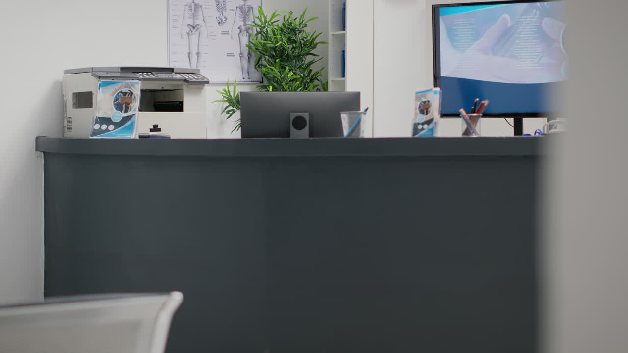 Empty hospital reception desk in waiting area lobby