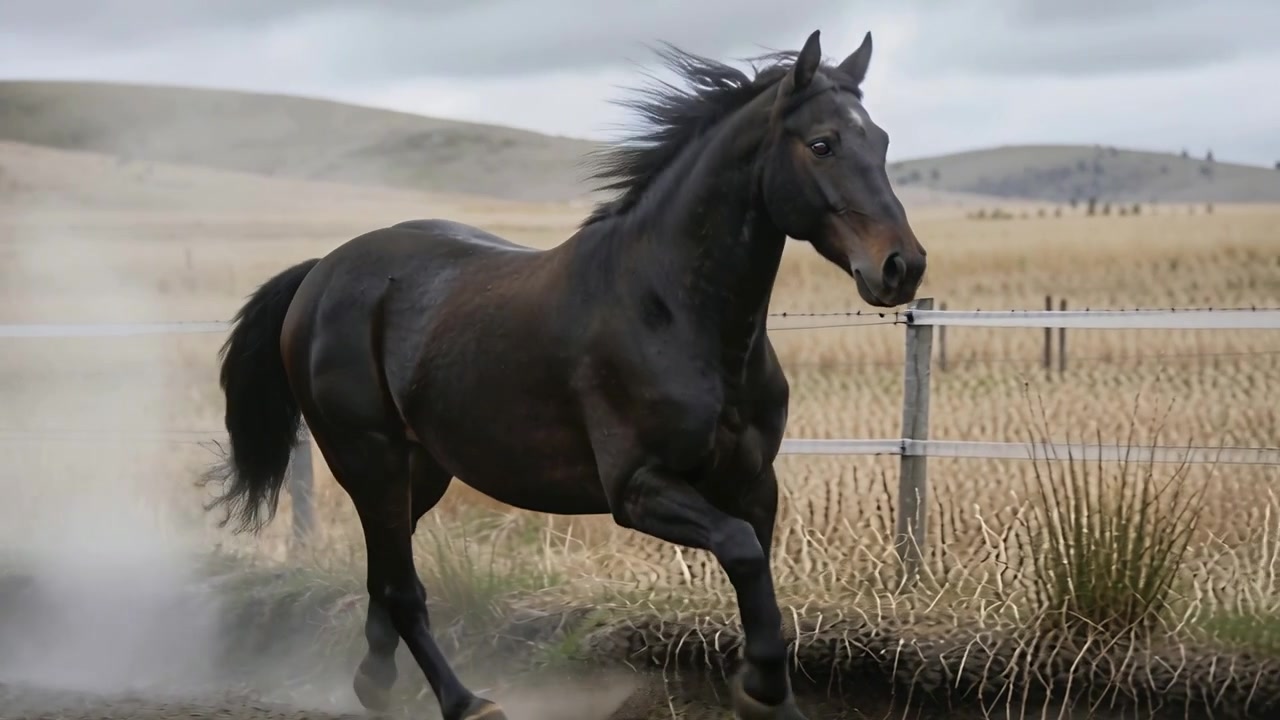 Cavallo scuro al galoppo che solleva polvere, rallentando attraverso un paddock con recinzione in filo metallico ed erba dorata.