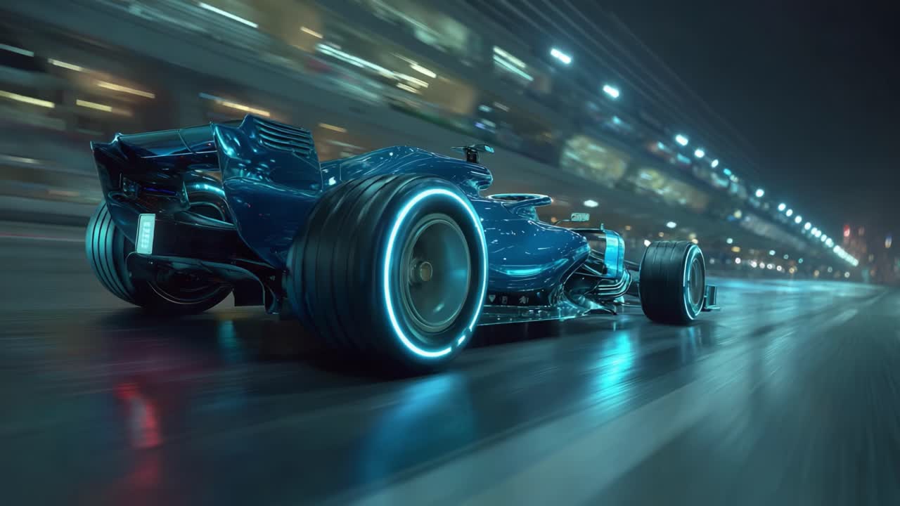 A high-speed, sleek blue race car exemplifies cutting-edge design and engineering, captivating viewers with its dynamic lines and futuristic features in a night setting