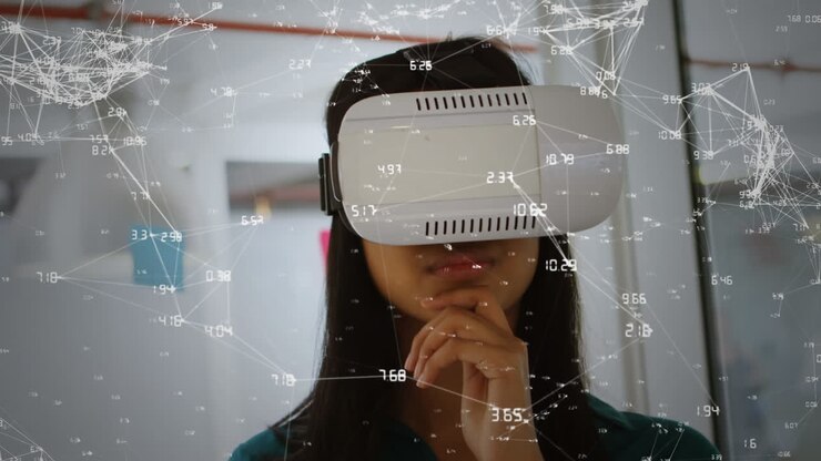 Woman use VR headset and sees a data connections