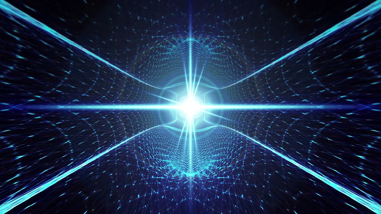 Abstract radiating neon blue light optical flare spot light with futuristic matrix wire frame VJ loop. 4K 3D rendering digital data technology concept design on blue gradient wireframe animation.