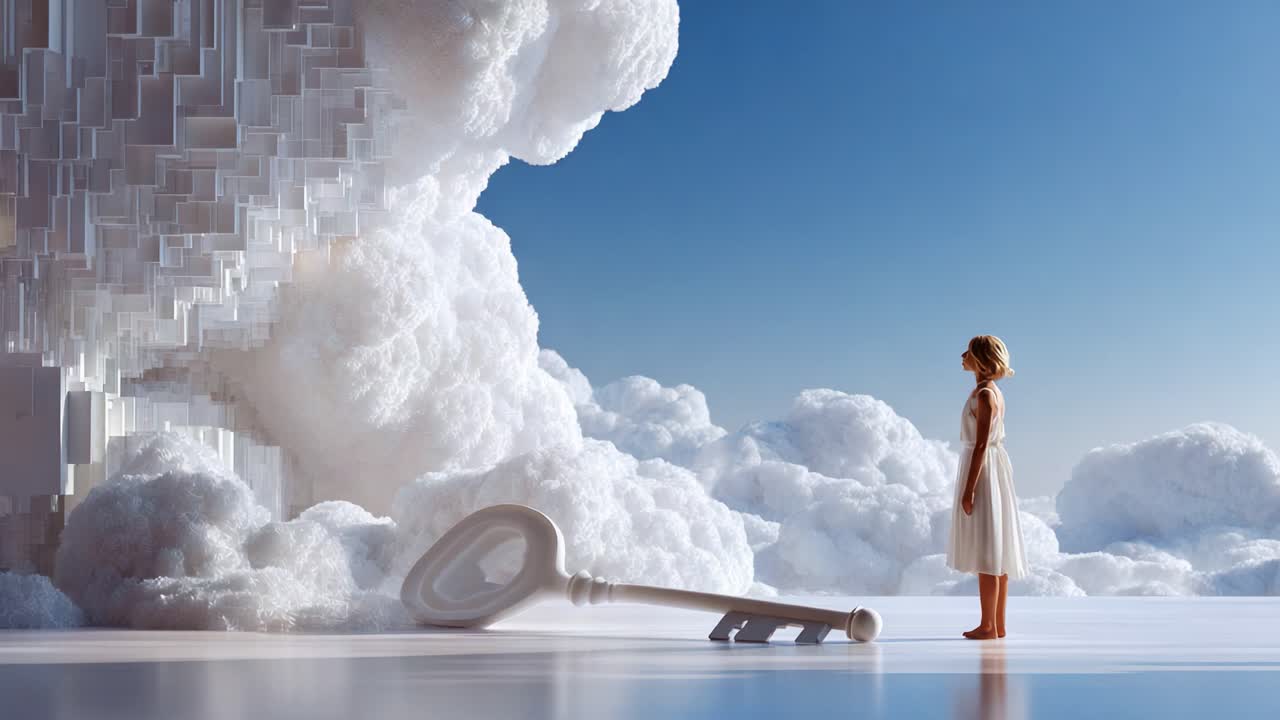 A Dreamlike Scene of a Young Girl Contemplating a Giant Key Against a Backdrop of Soft Clouds and a Shimmering Sky, Evoking Wonder and Imagination in a Surreal Landscape