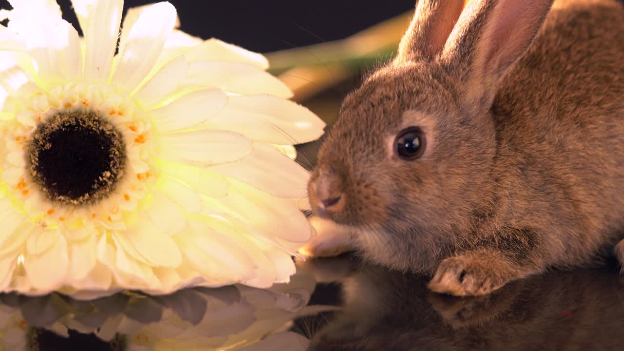 아기 토끼들이 검은 바탕에 앉아 있습니다.