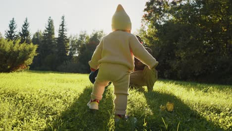 baby learning to walk in a park