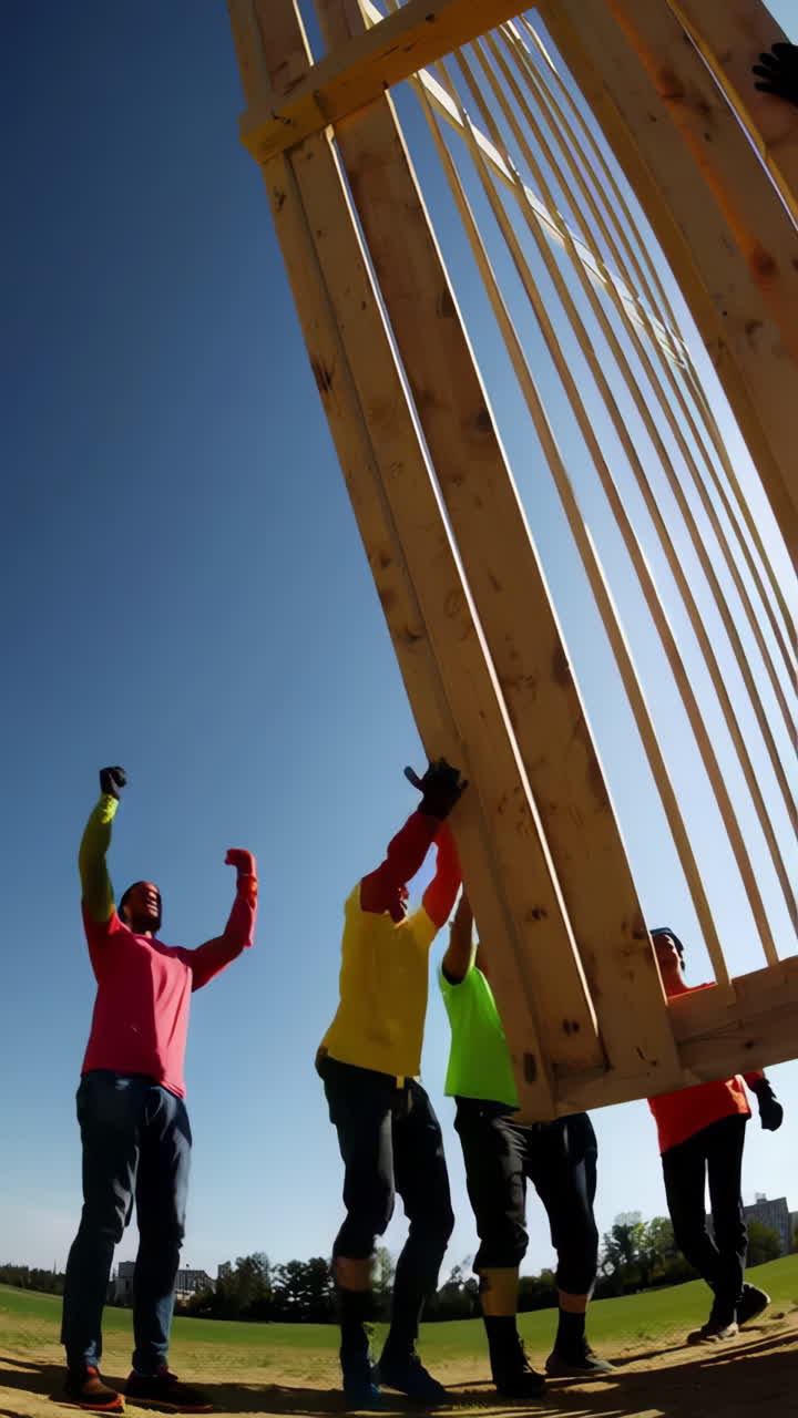 A team of people working together to lift and build a large wooden structure outdoors