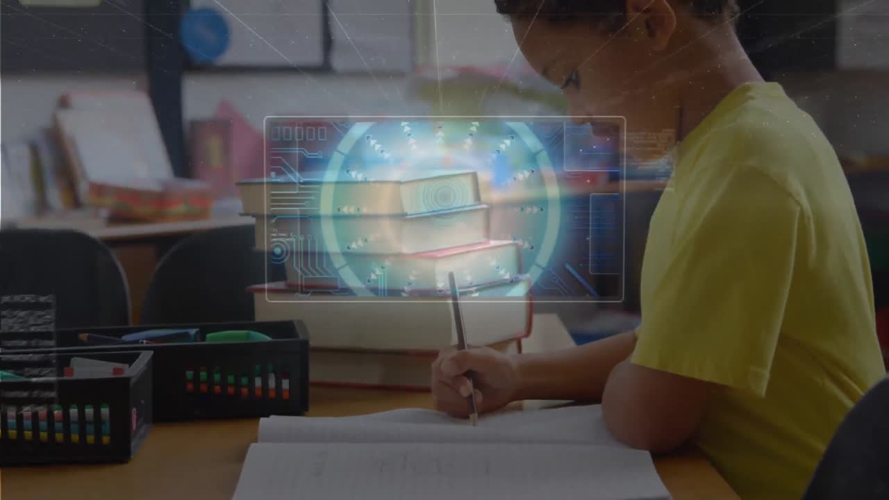 múltiples pantallas con procesamiento de datos sobre un niño afroamericano que estudia en la escuela primaria