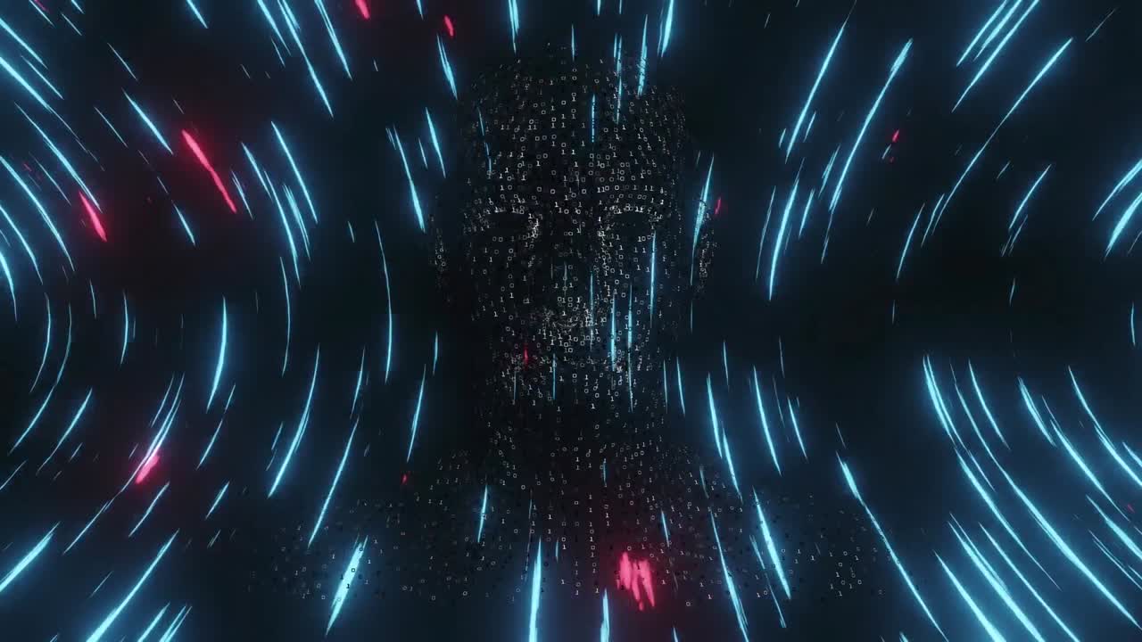 Animation of glowing blue light trails over human head model against black background