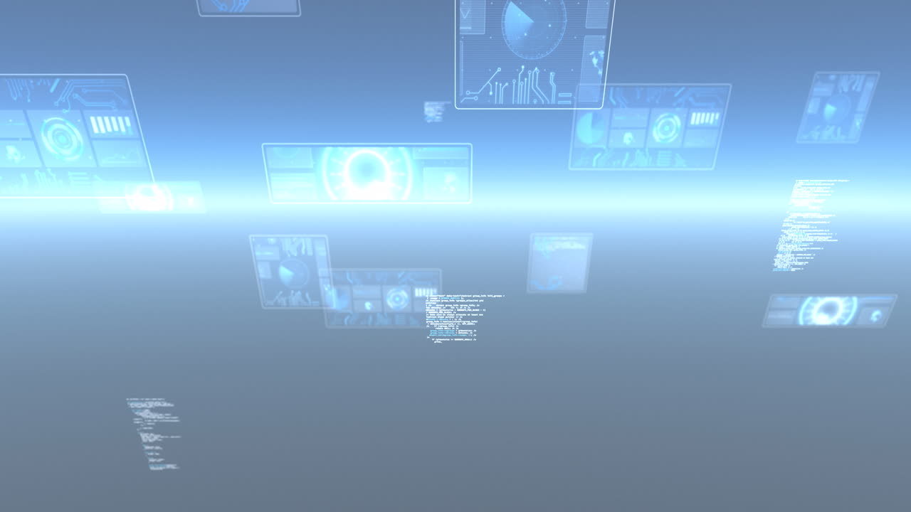 빛나는 파란색 배경 위의 화면에서 데이터 처리 및 스 ⁇  스캐닝의 애니메이션