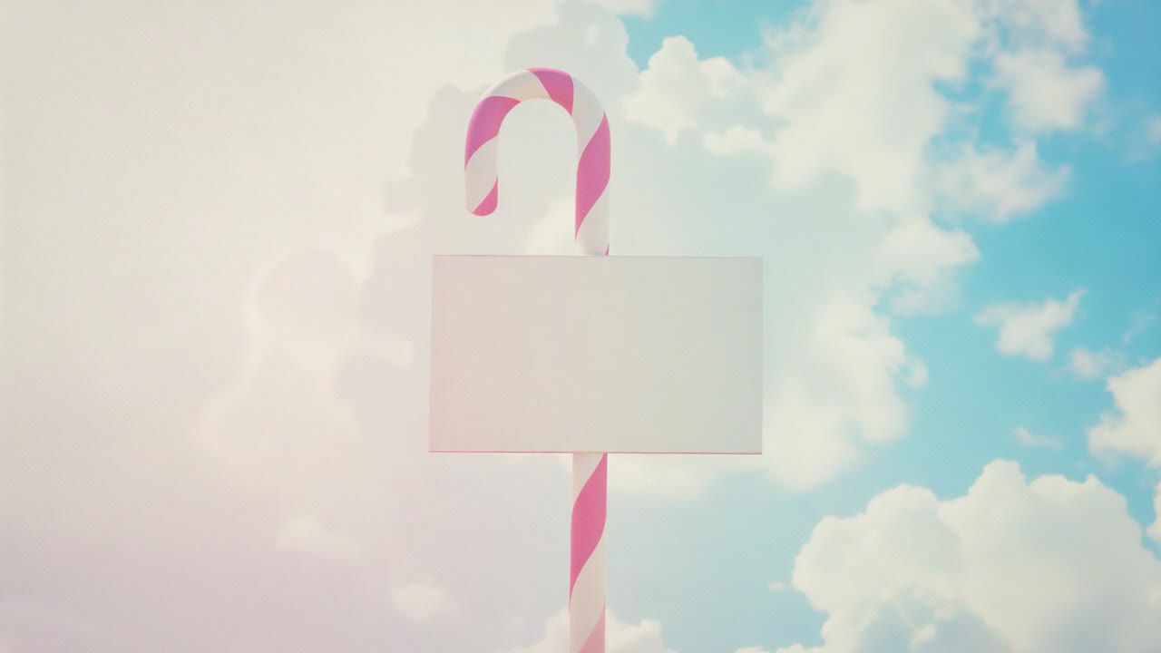 Opening showing pink-and-white candy cane hook emerging in sky, sliding sign panel in view for text
