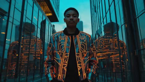 boy in futuristic neon jacket